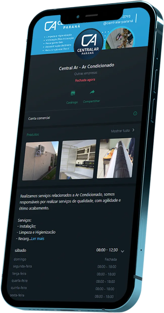 Foto de um iPhone em que a tela do celular exibe o perfil do WhatsApp da Central Ar Paraná